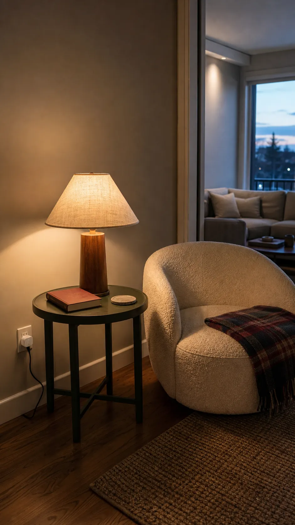 Small corner lamp glowing automatically at sunset in a cozy living room