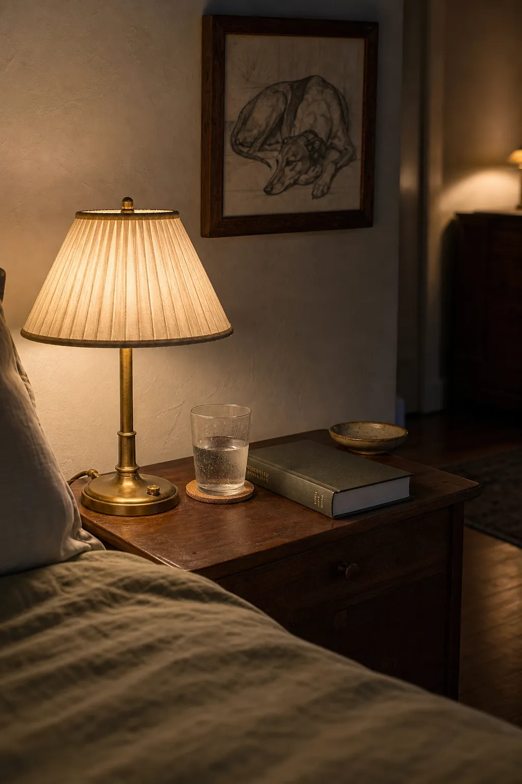 Warm bedside lamps creating soft pools of light in a vintage bedroom