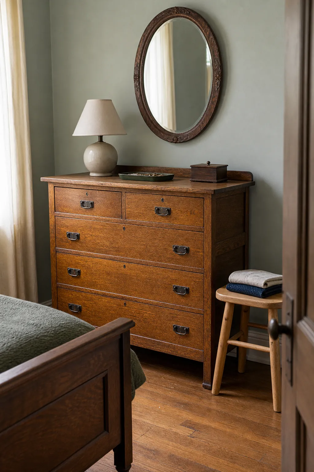 Warm wood dresser and vintage bed creating a grounded bedroom palette
