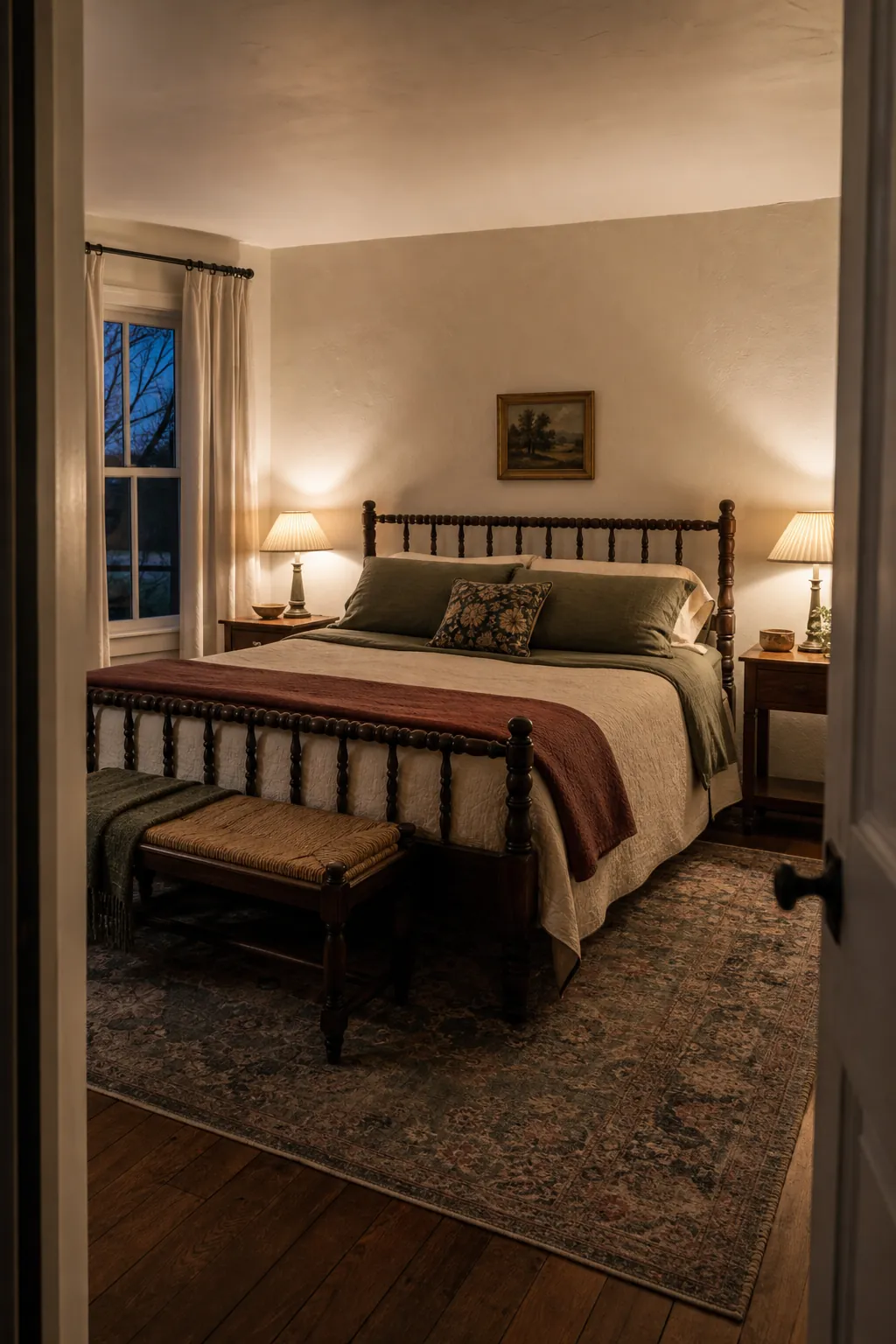 Warm vintage bedroom with layered bedding wood furniture and soft lamps