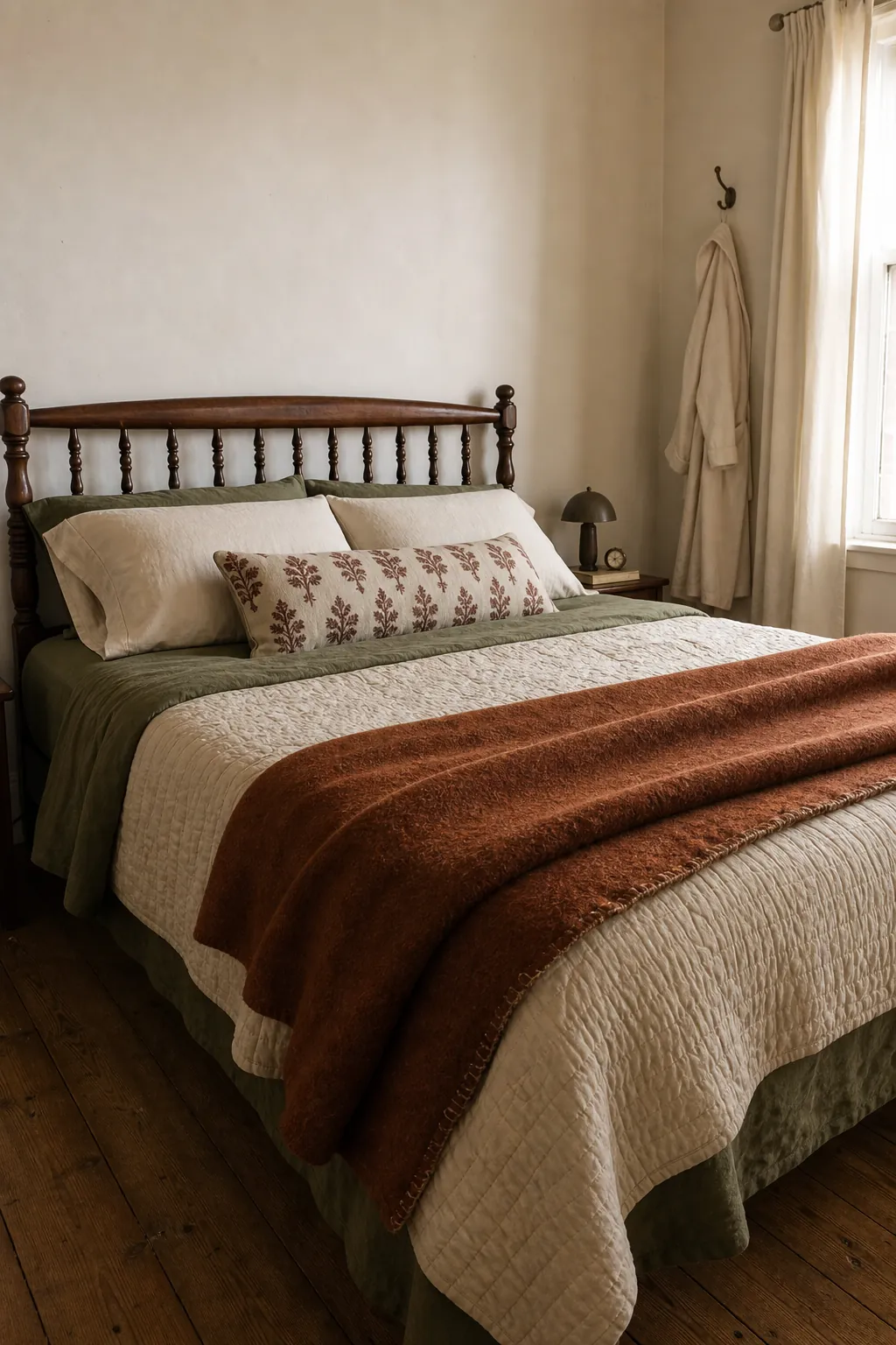Vintage bedroom with layered cream quilt and warm wool blanket