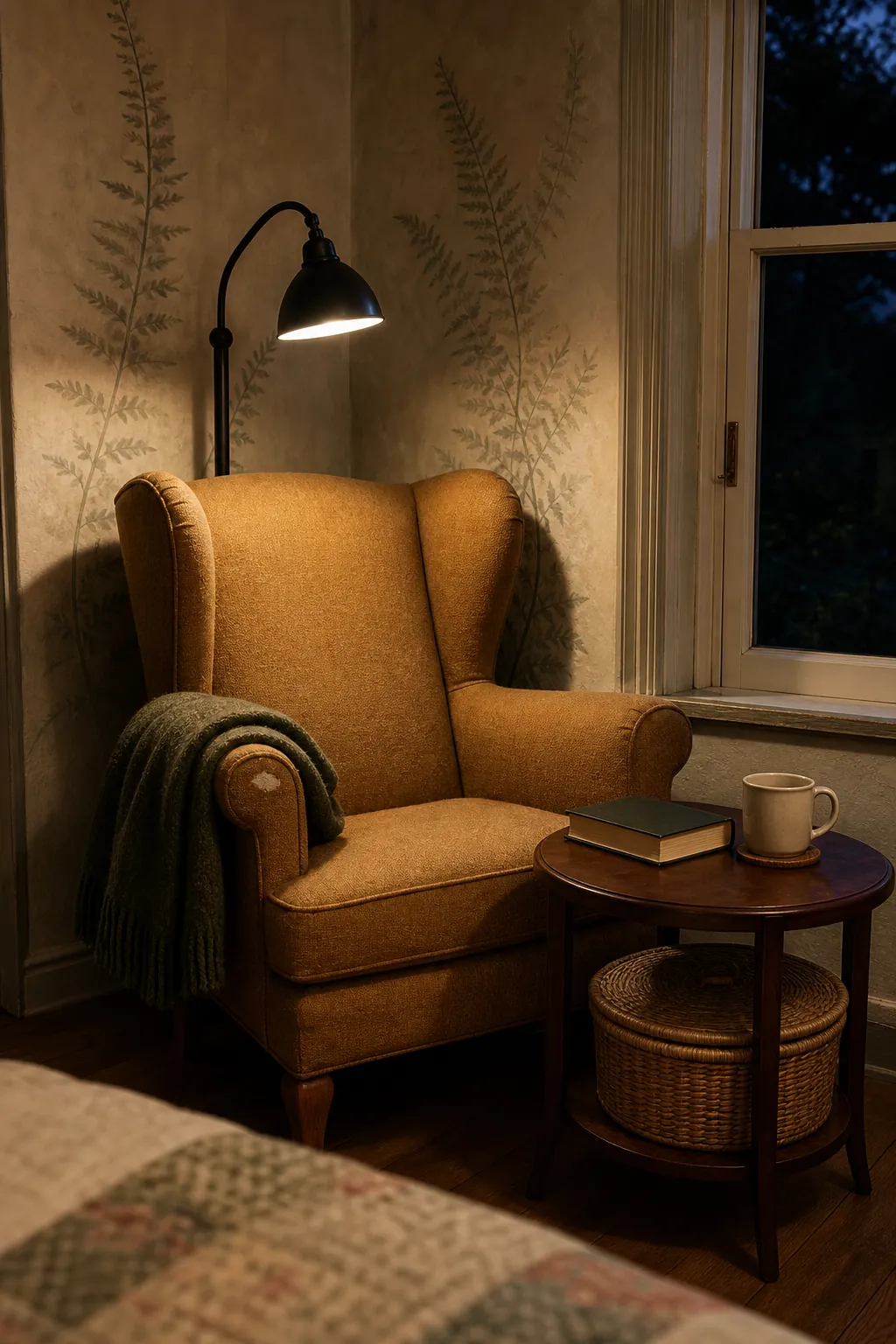 Cozy vintage bedroom reading corner prepared for nighttime