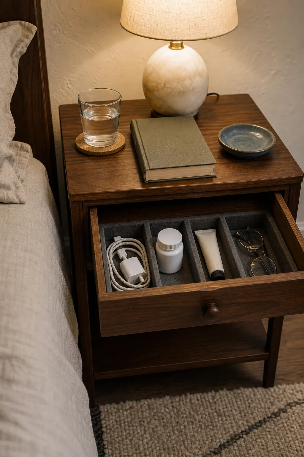 Clear vintage nightstand with lamp book water and hidden charging storage