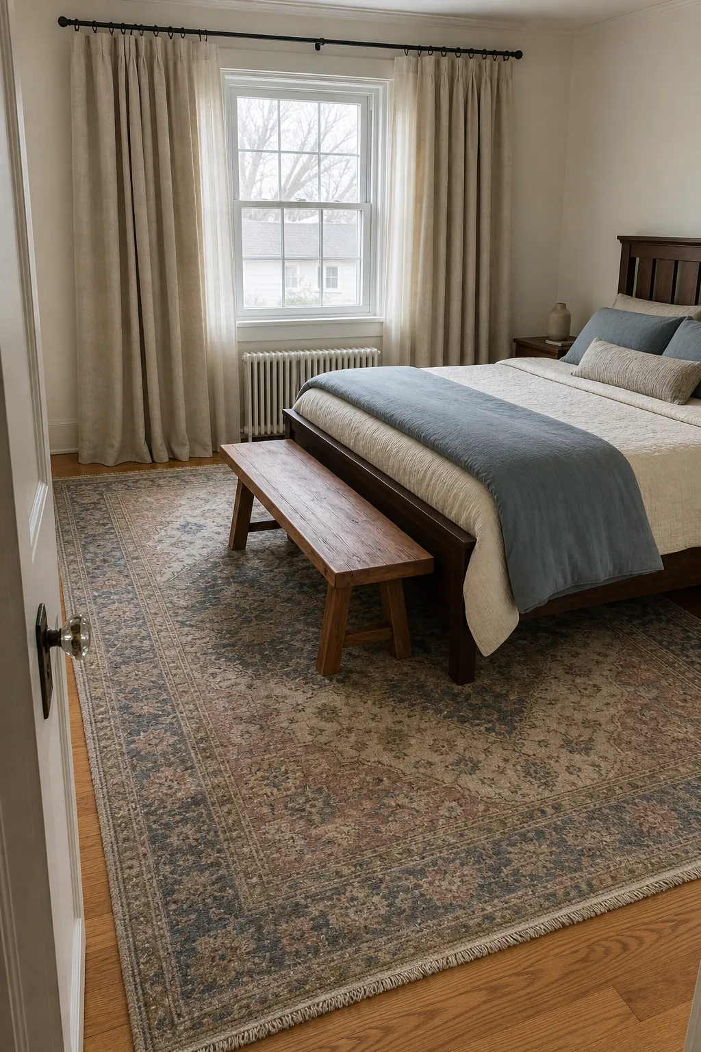 Full curtains and a correctly sized vintage rug softening a bedroom