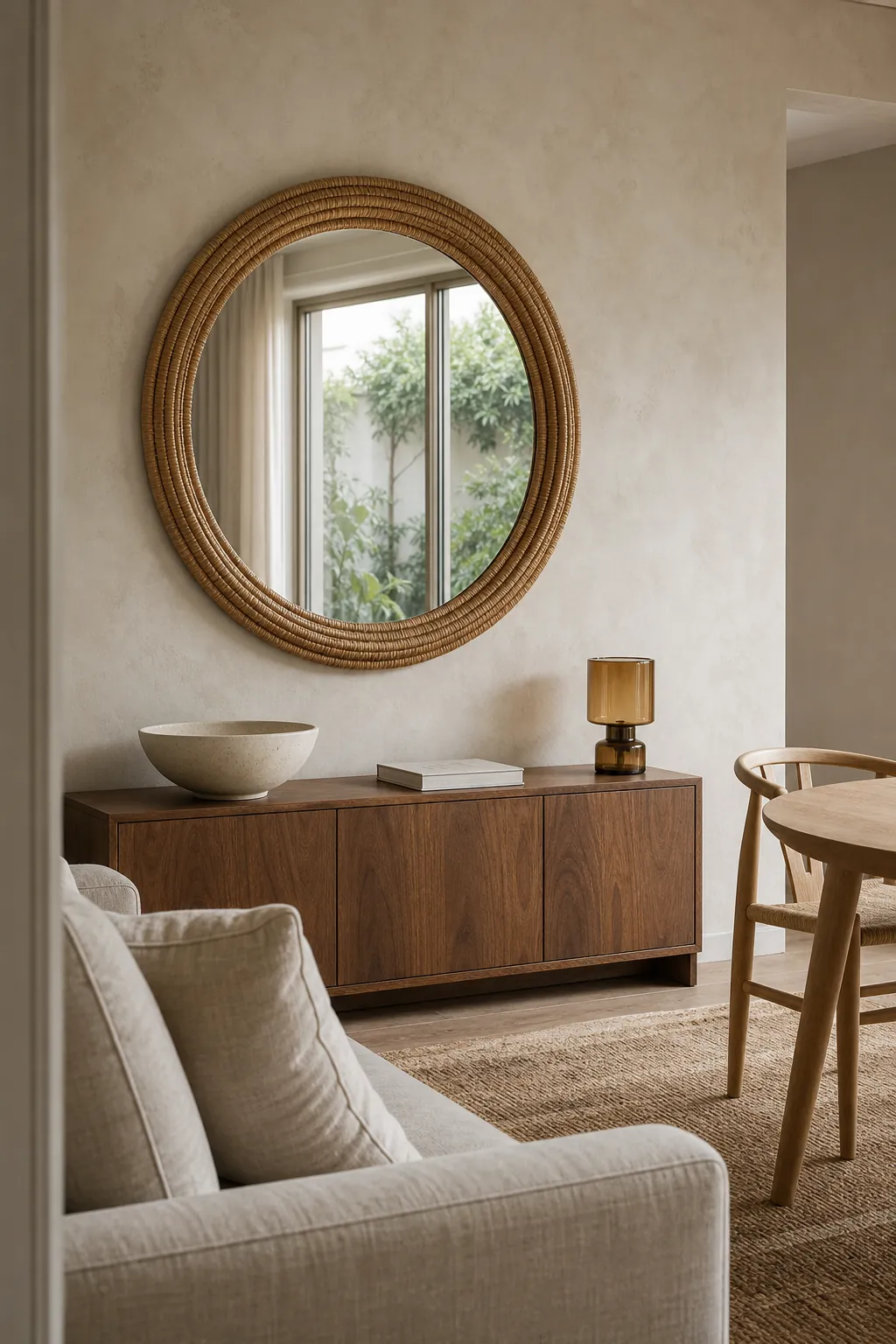 Soft natural room featuring a large rattan mirror and restrained organic textures