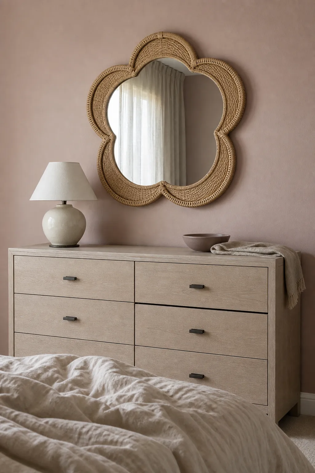 Scalloped rattan mirror above a light wood bedroom dresser