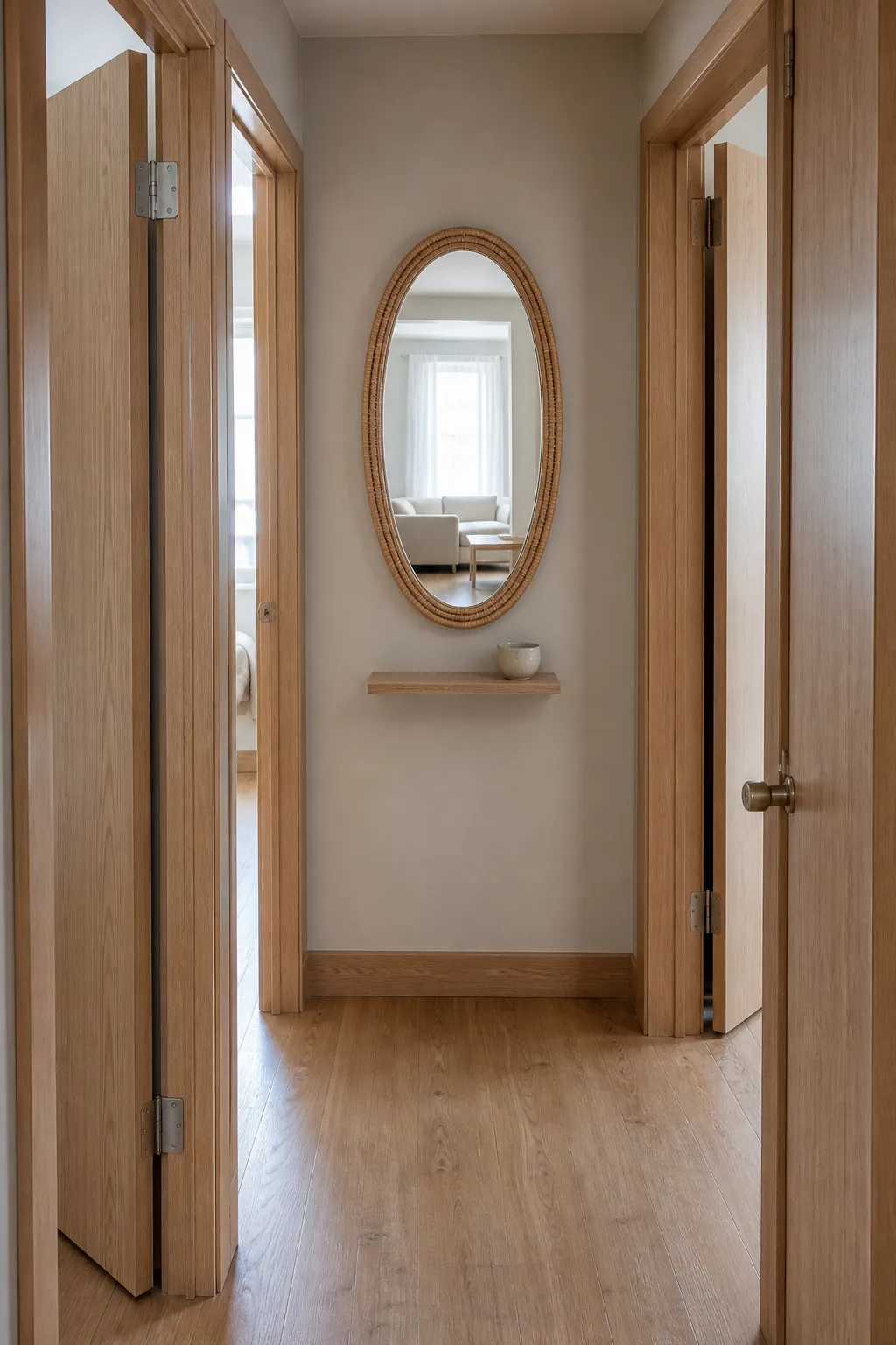Simple oval rattan mirror in a narrow neutral hallway
