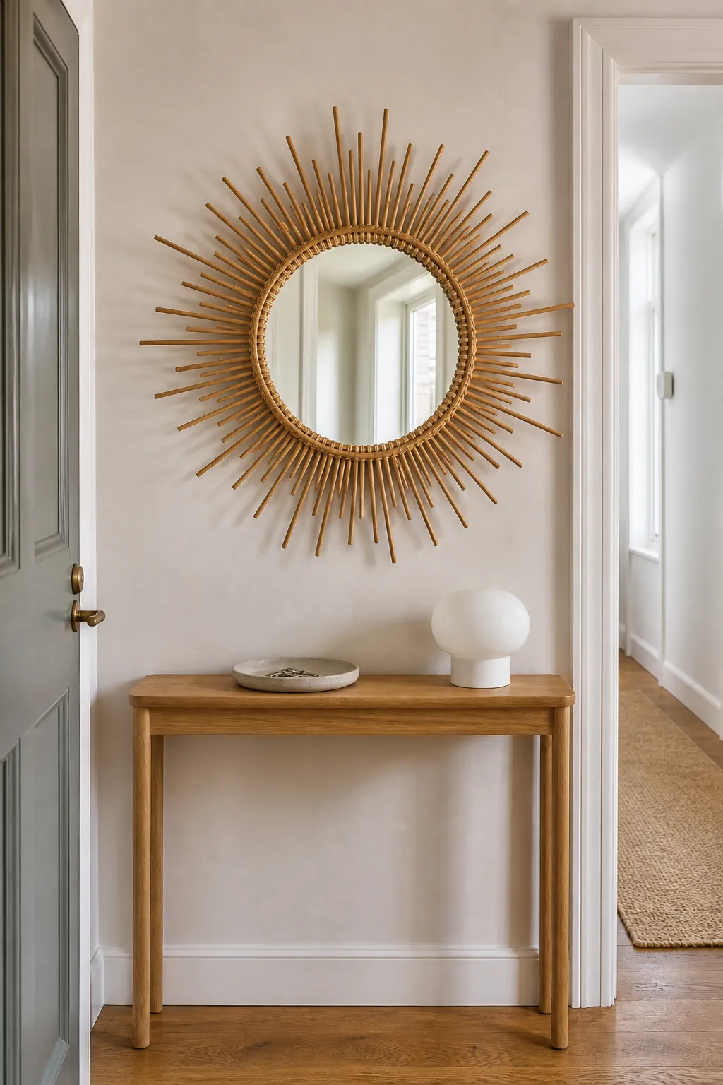 Rattan sunburst mirror centered over a slim oak entry console