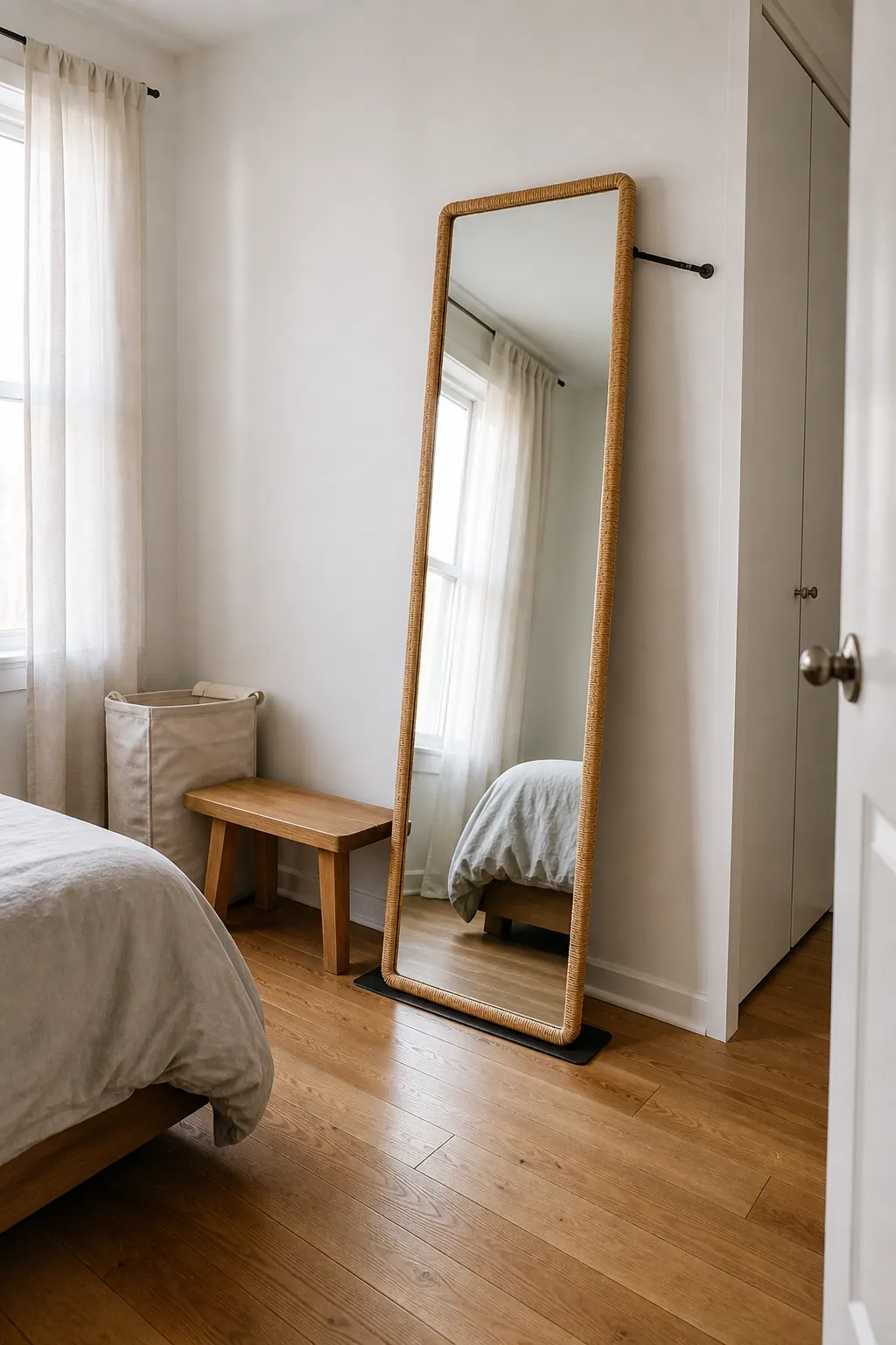 Full-length rattan mirror safely leaning in a soft neutral bedroom
