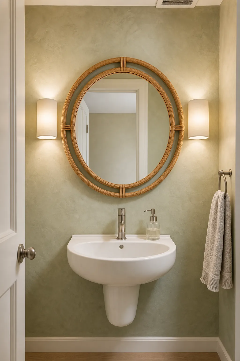 Double-loop rattan mirror above a compact powder room basin