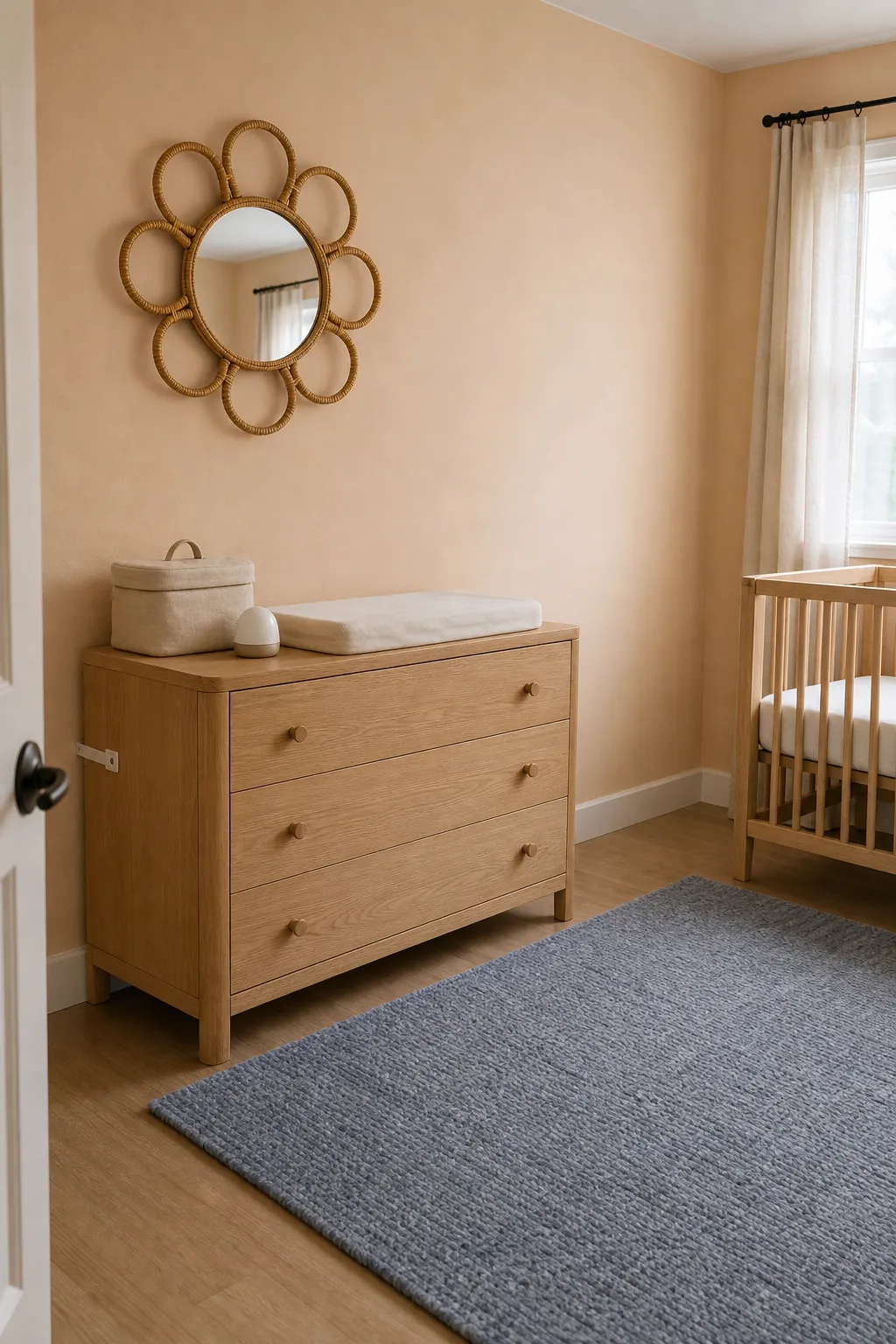 Petal-shaped rattan mirror securely mounted in a gentle nursery
