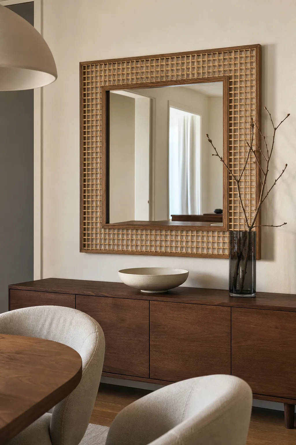 Square cane-grid mirror over a warm wood dining sideboard