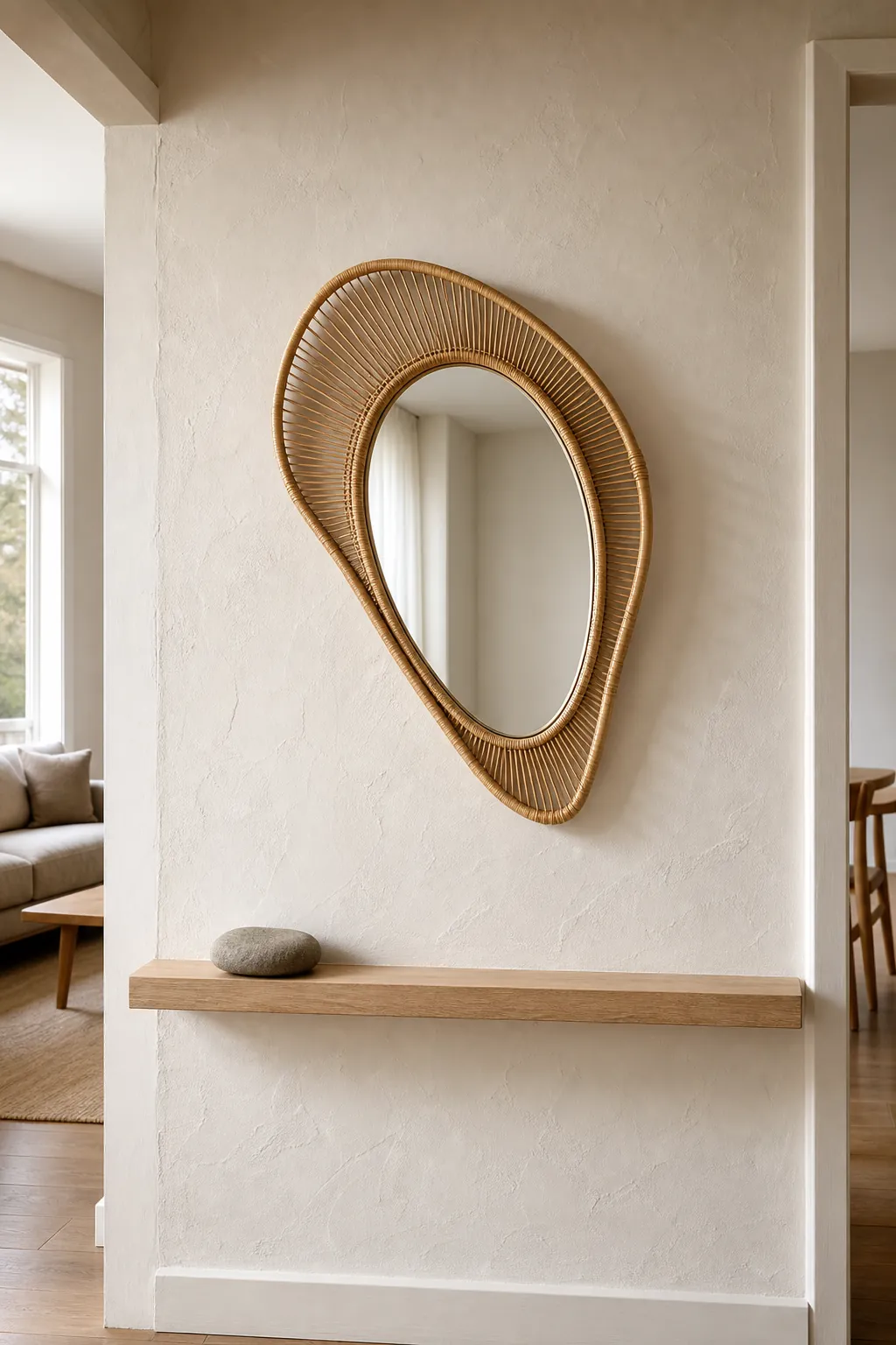 Asymmetrical rattan mirror used as a single wall accent
