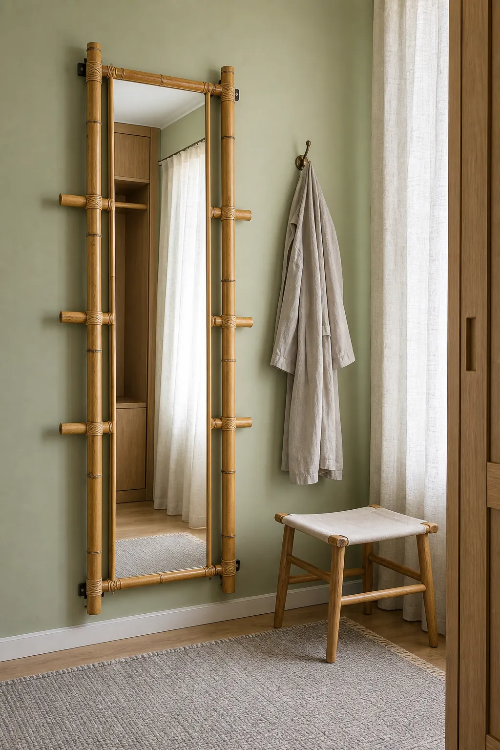 Bamboo ladder-frame mirror in a practical dressing corner