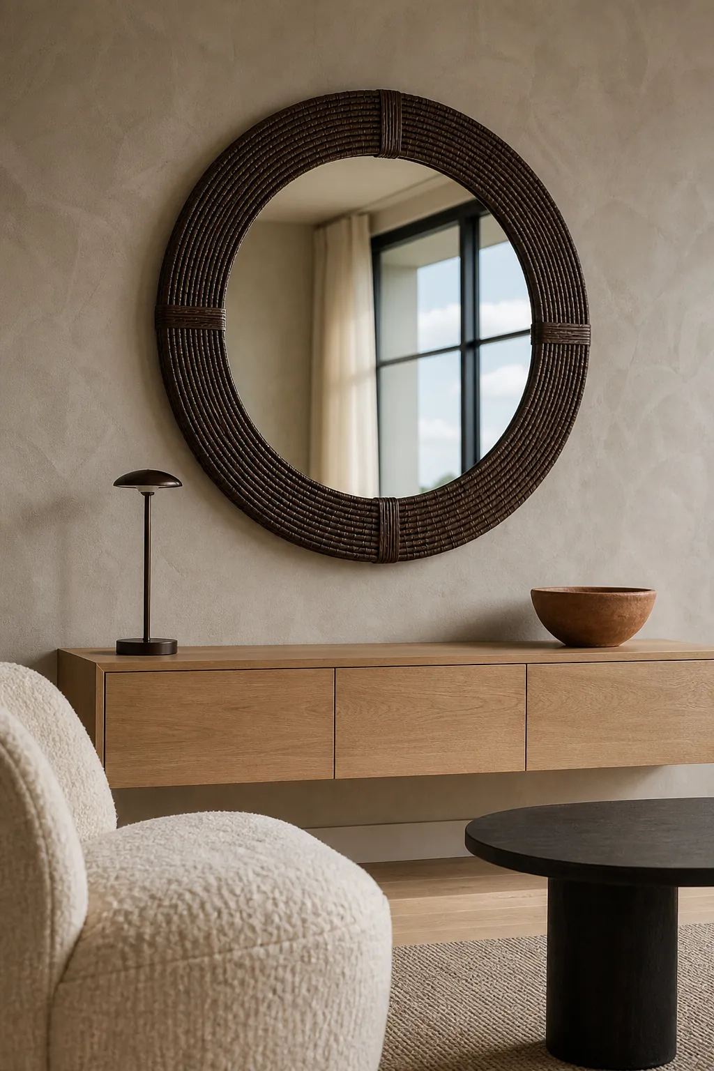 Dark-stained round rattan mirror in a warm modern living room