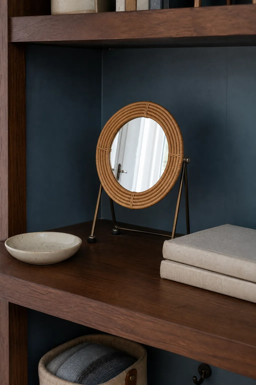 Tiny tabletop rattan mirror styled securely on a shelf