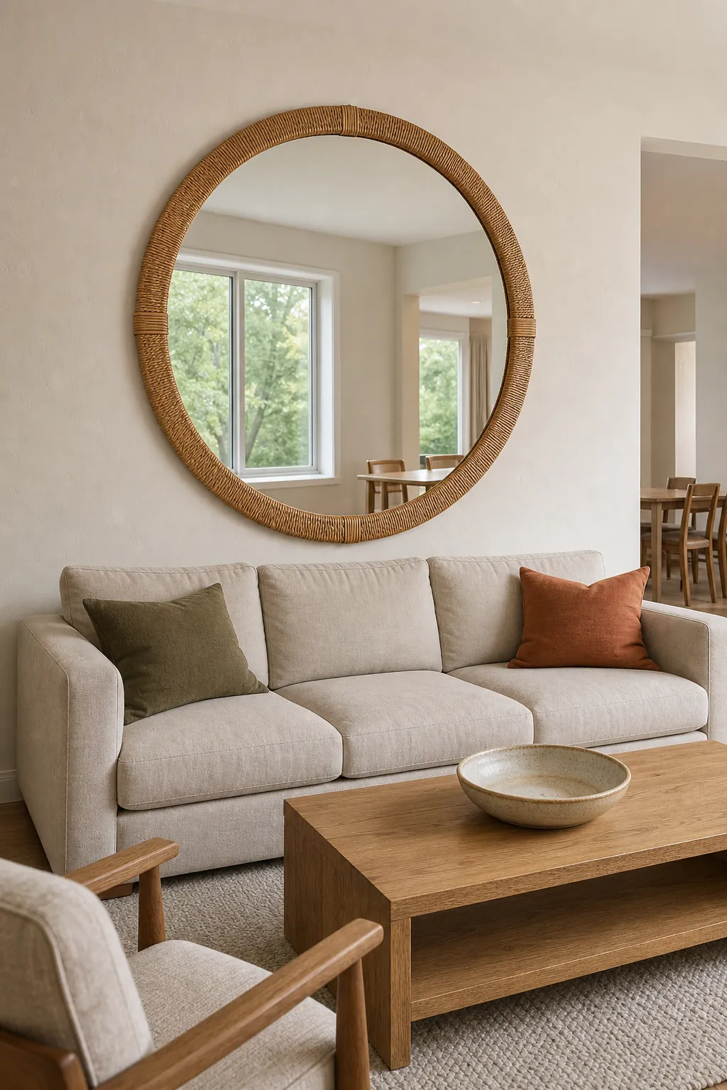 Large round rattan mirror scaled above a neutral living room sofa