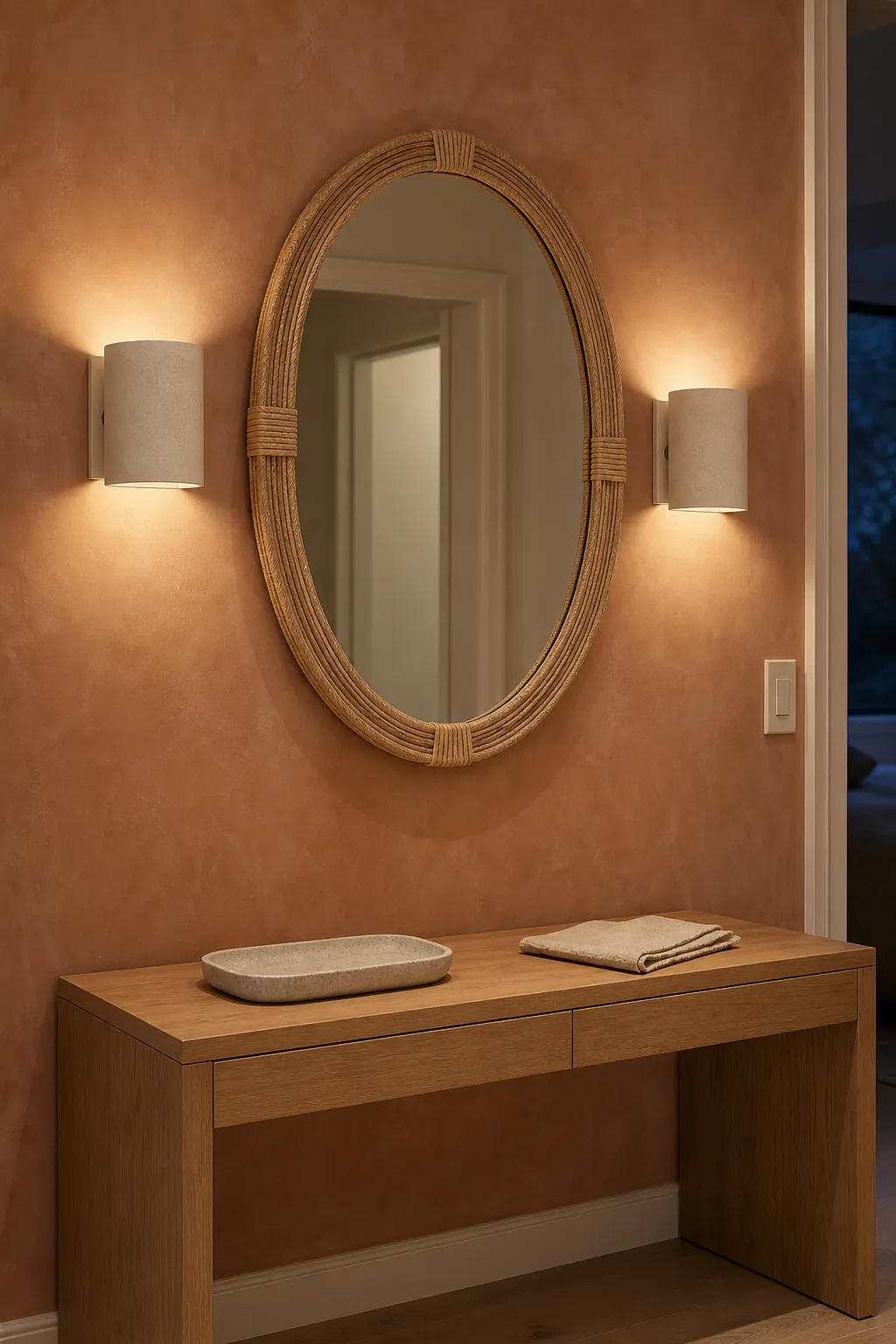 Rattan mirror paired with quiet matte ceramic sconces