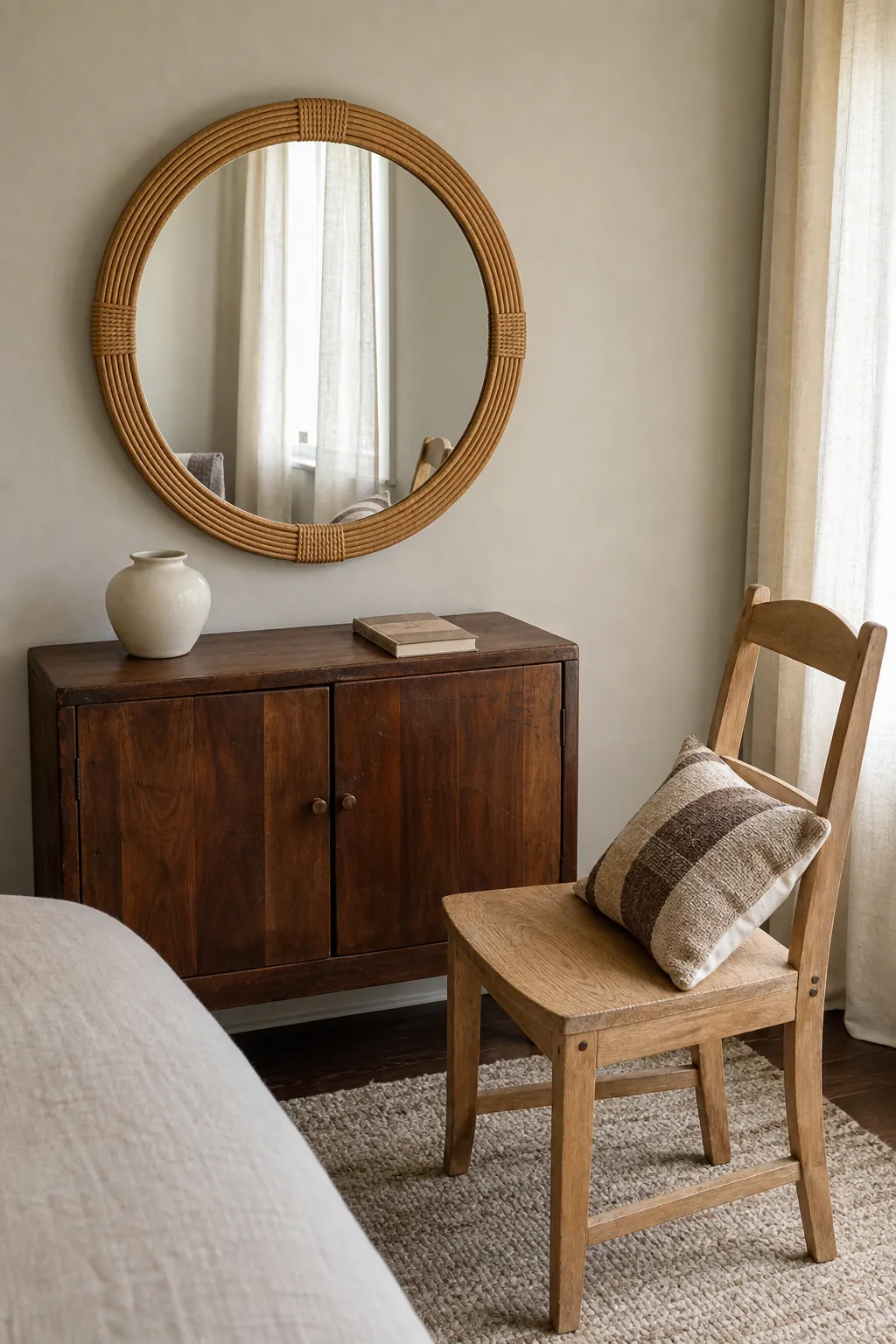 Rattan mirror coordinating with mixed warm wood tones