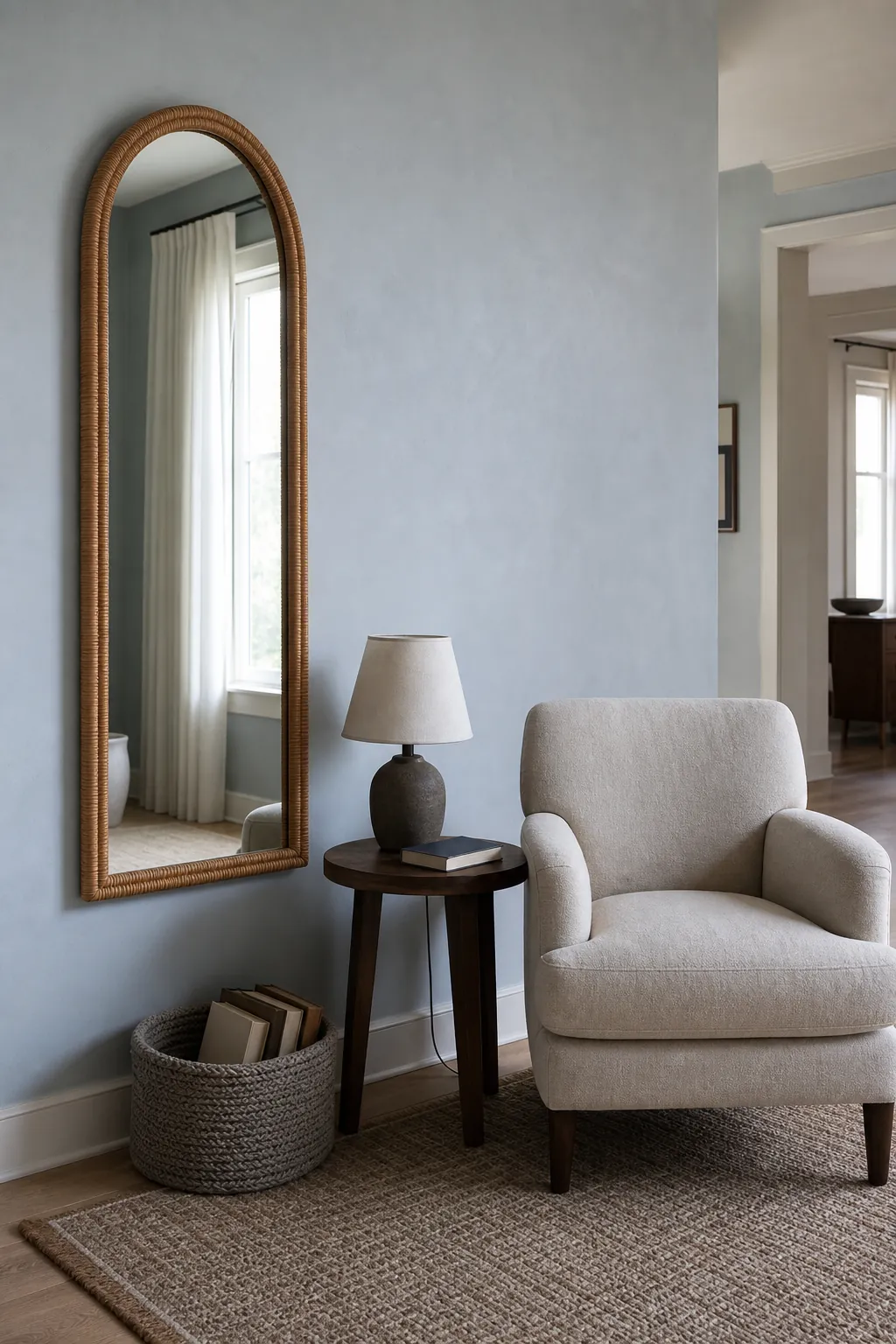 Arched rattan mirror finishing a compact reading nook