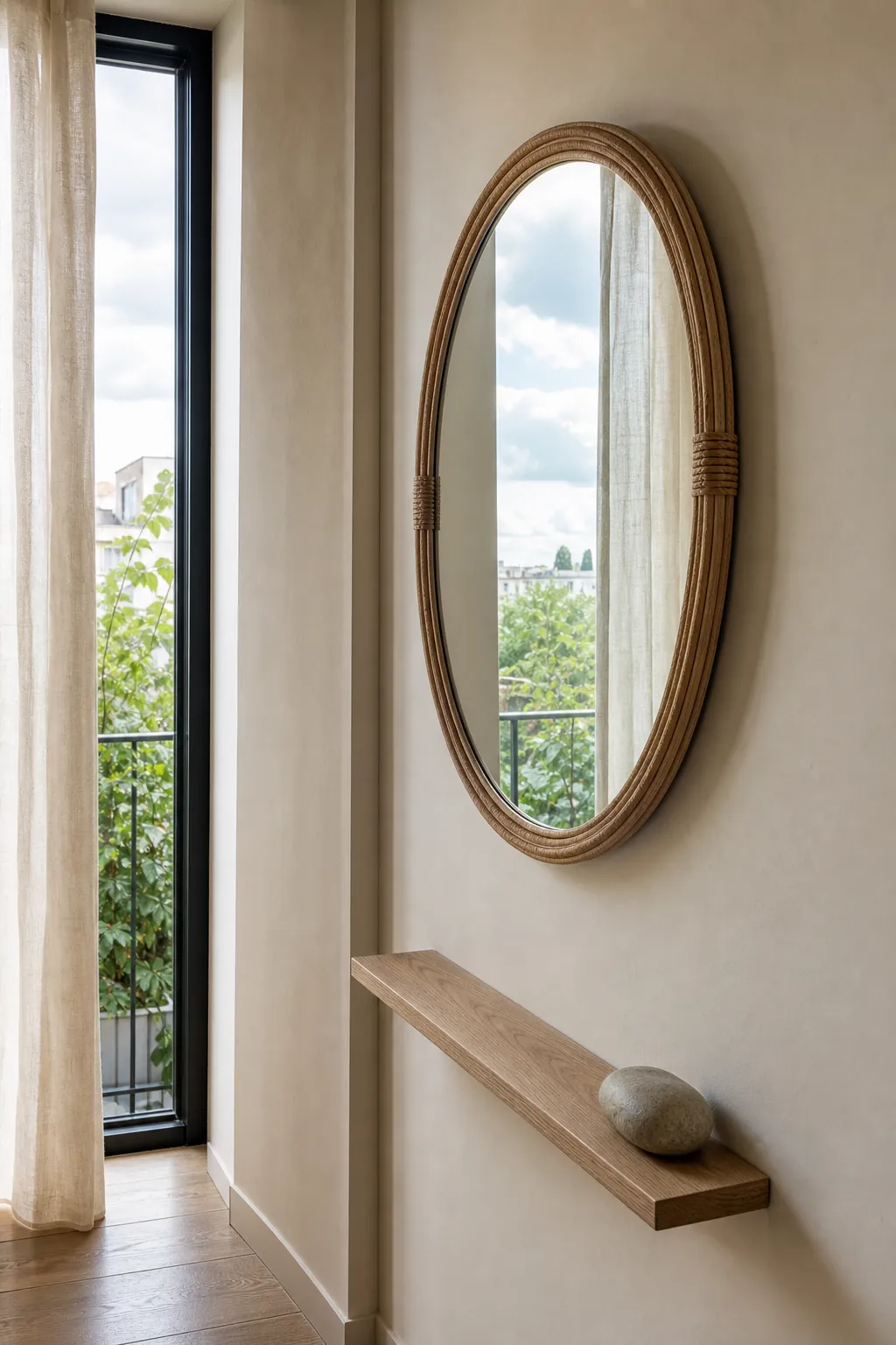 Rattan mirror angled to reflect soft window light into a room