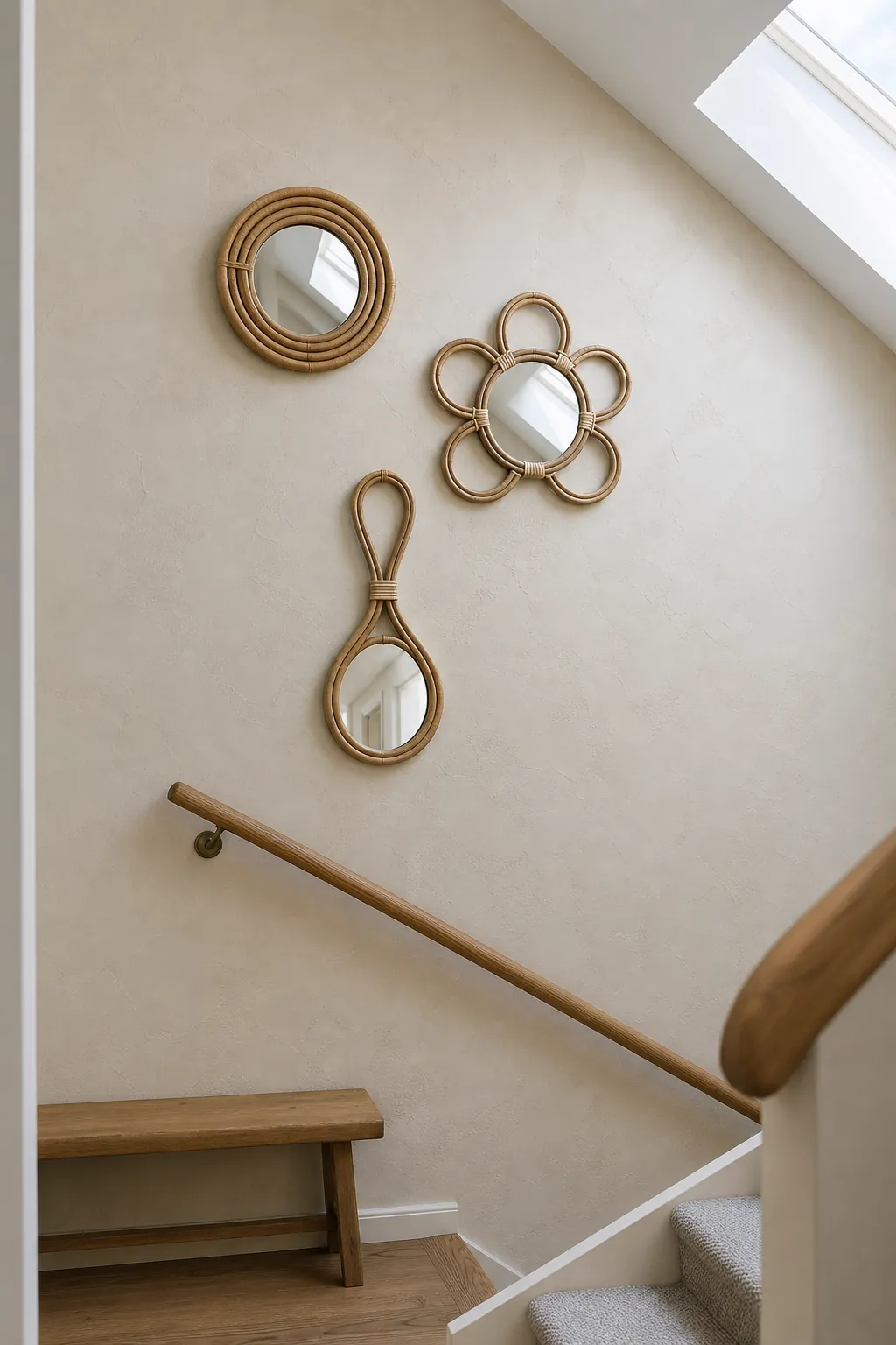Three small rattan mirrors grouped with generous spacing