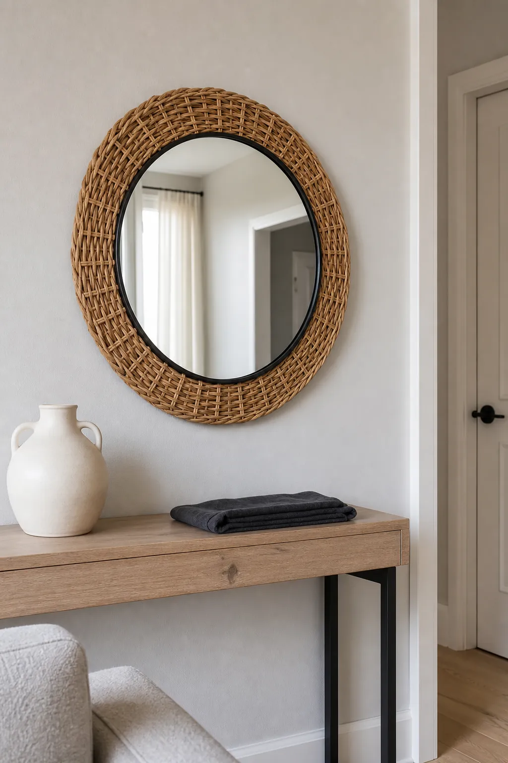 Rattan mirror with a thin black edge in a contemporary room