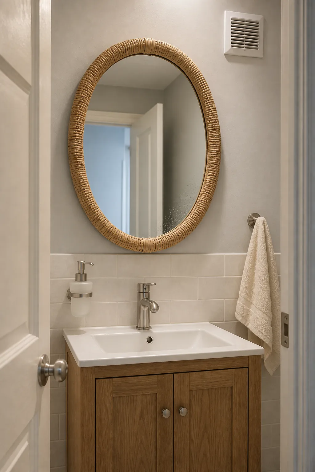 Sealed rattan mirror mounted safely above a bathroom vanity