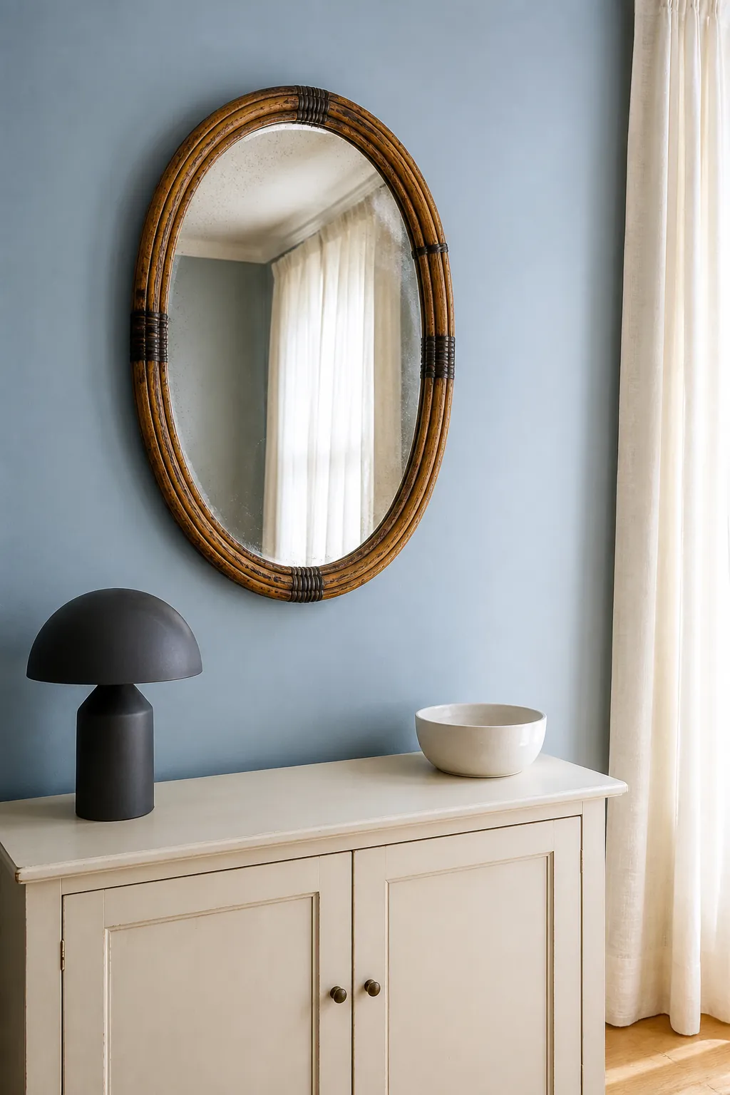 Thrifted rattan mirror with honest aged patina above a cabinet