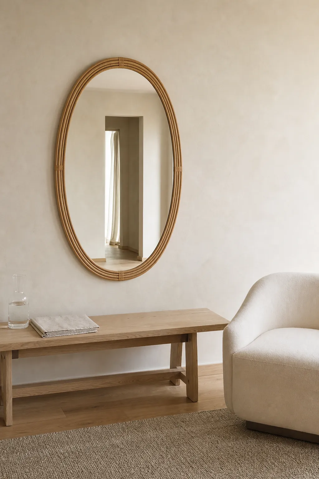 Single simple rattan mirror in a calm minimal natural room