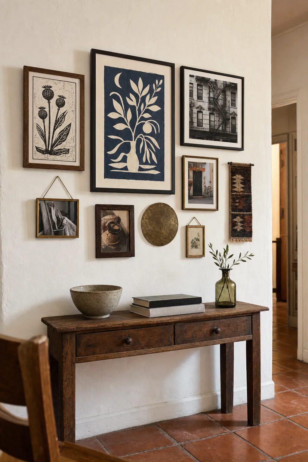 Collected gallery wall with mixed frames arranged above a compact console