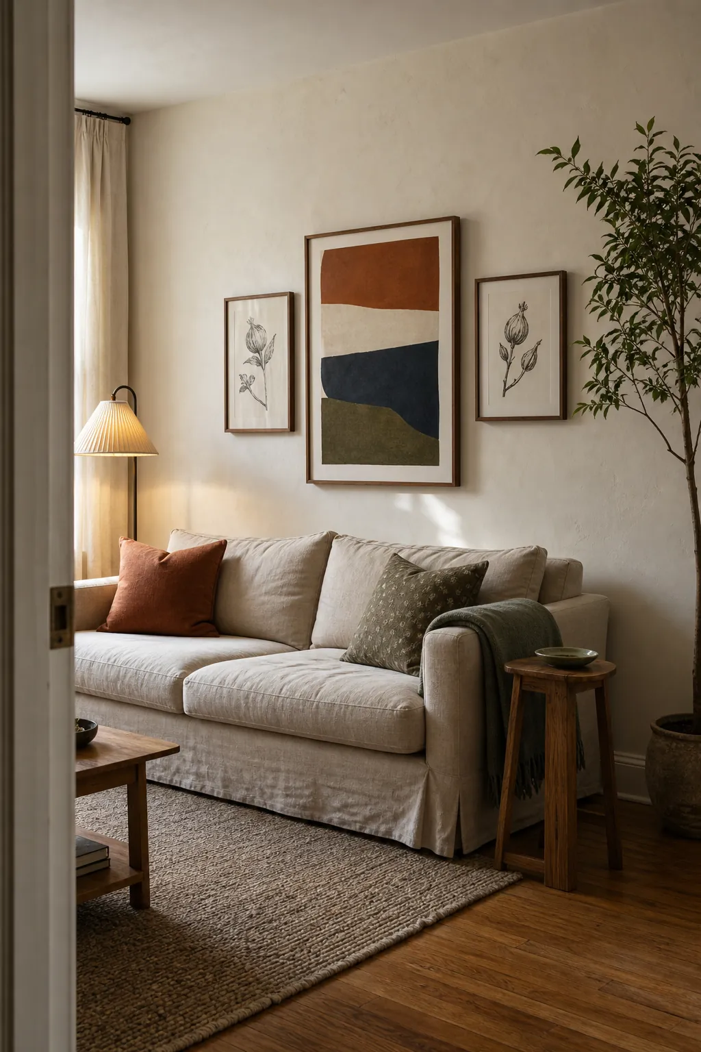 Warm living room transformed with thoughtfully scaled wall decor