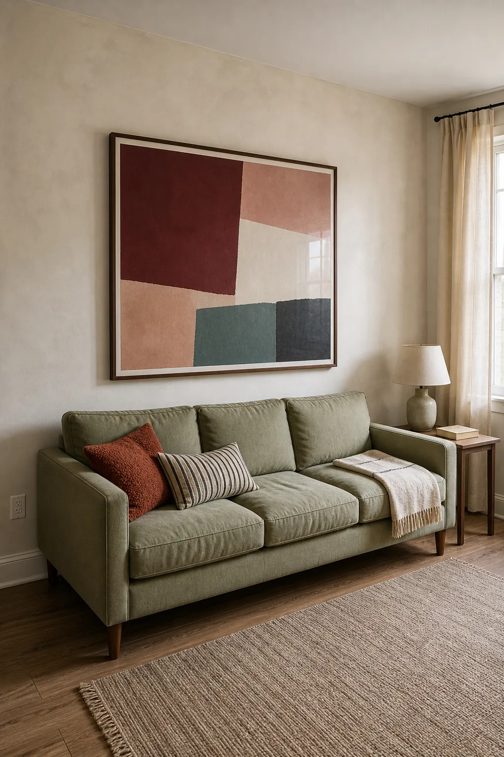 Large color-block print properly scaled above a living room sofa