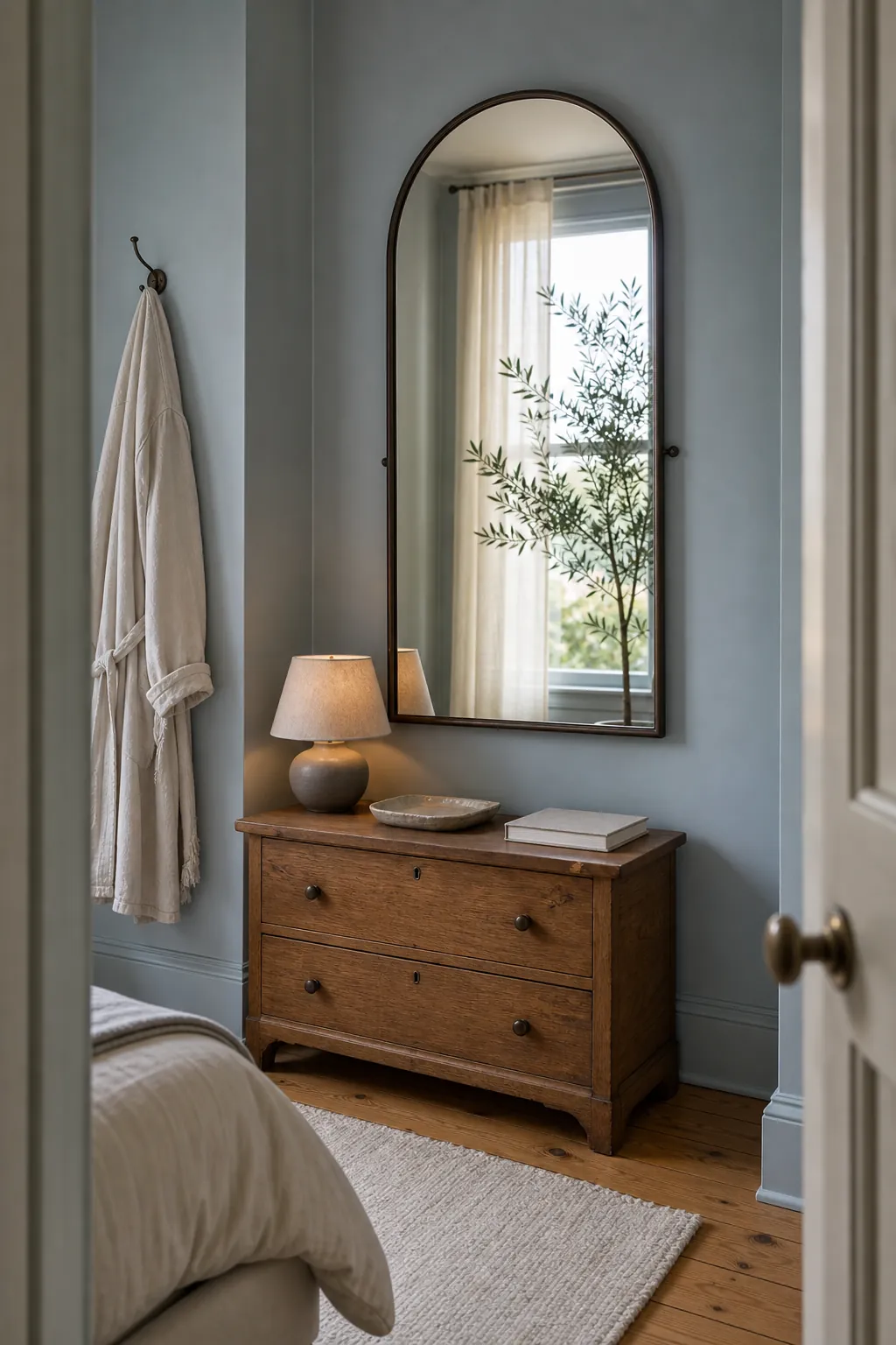Vintage mirror reflecting window light in a narrow bedroom corner