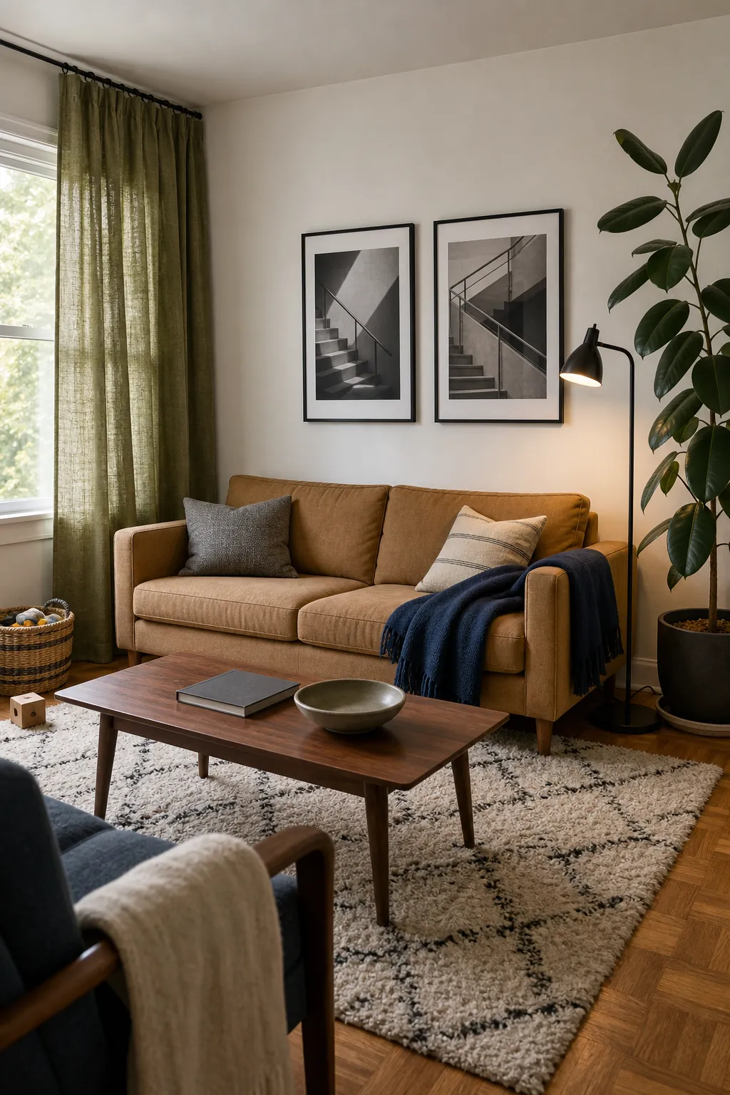 Living room wall styling balanced with curtains floor lamp and tall plant