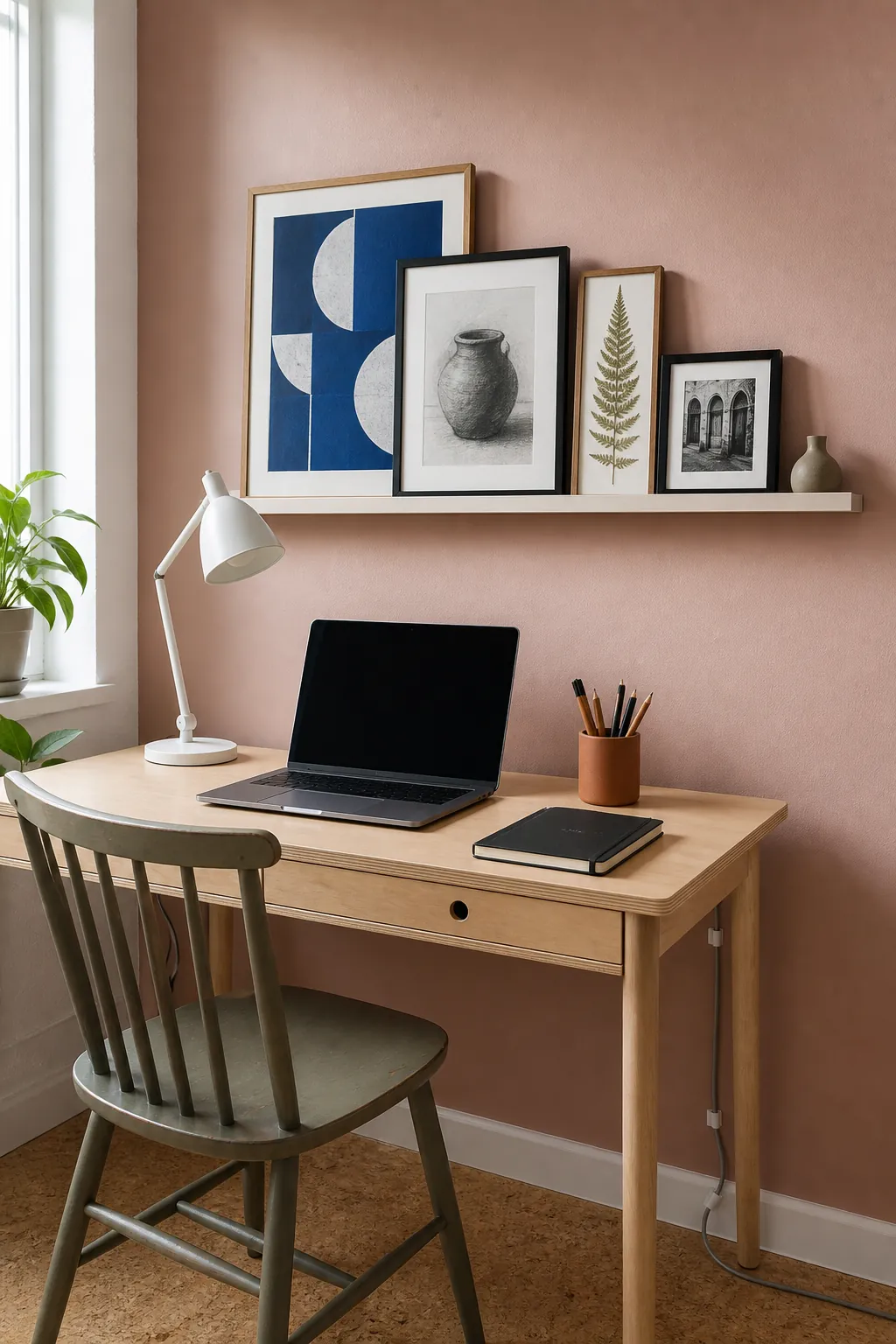 Renter-friendly picture ledge layered with prints and small decor