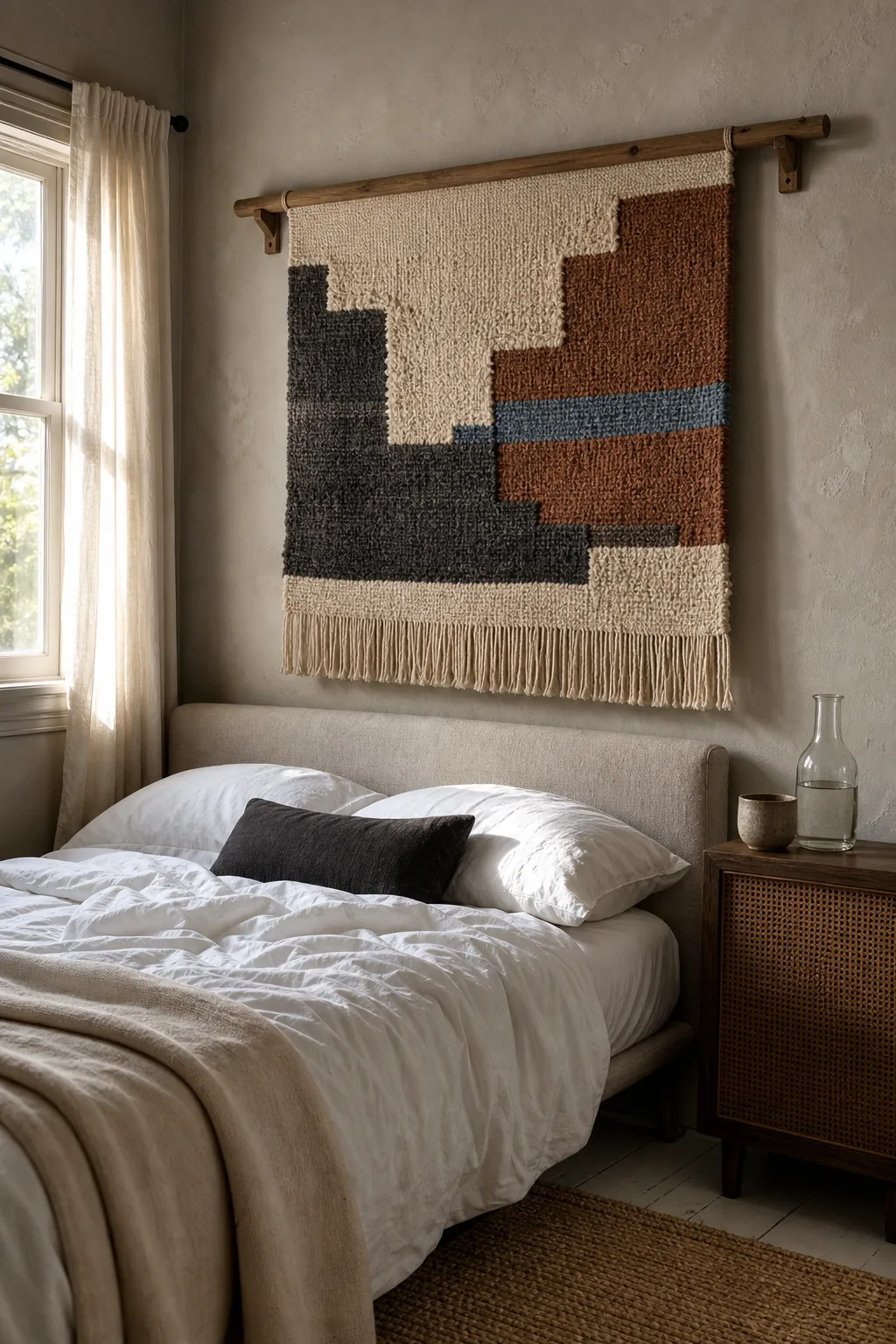 Handwoven textile wall hanging adding texture to a calm bedroom