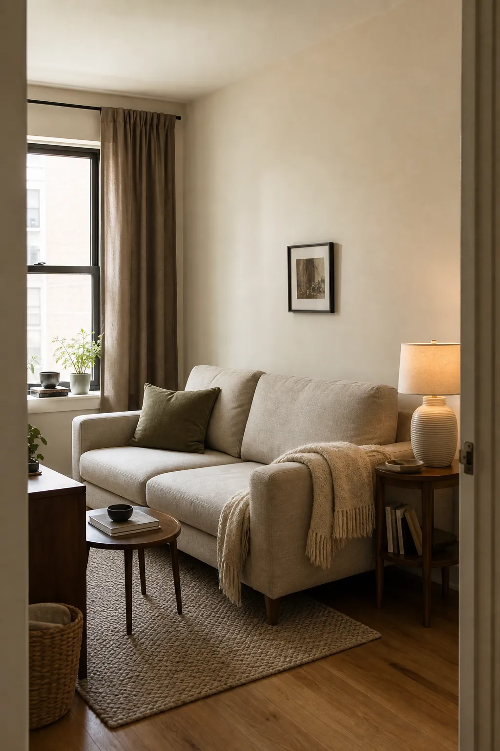 Inviting small living room layered with beige cream and taupe decor