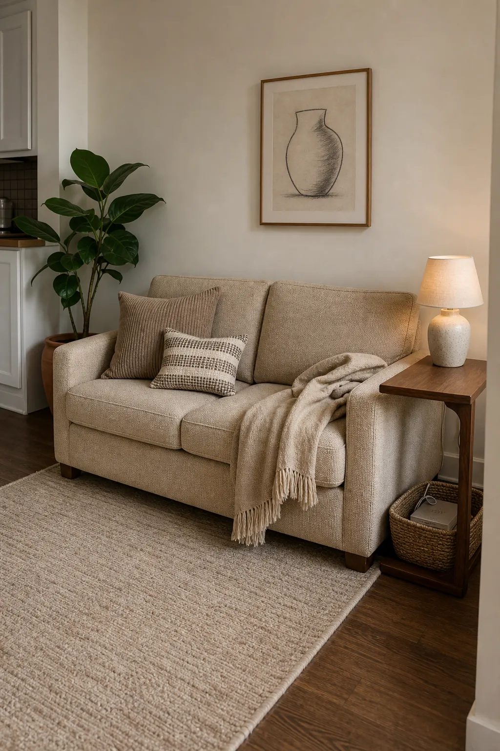 Layered beige sofa in a compact living room with cream walls and natural textures