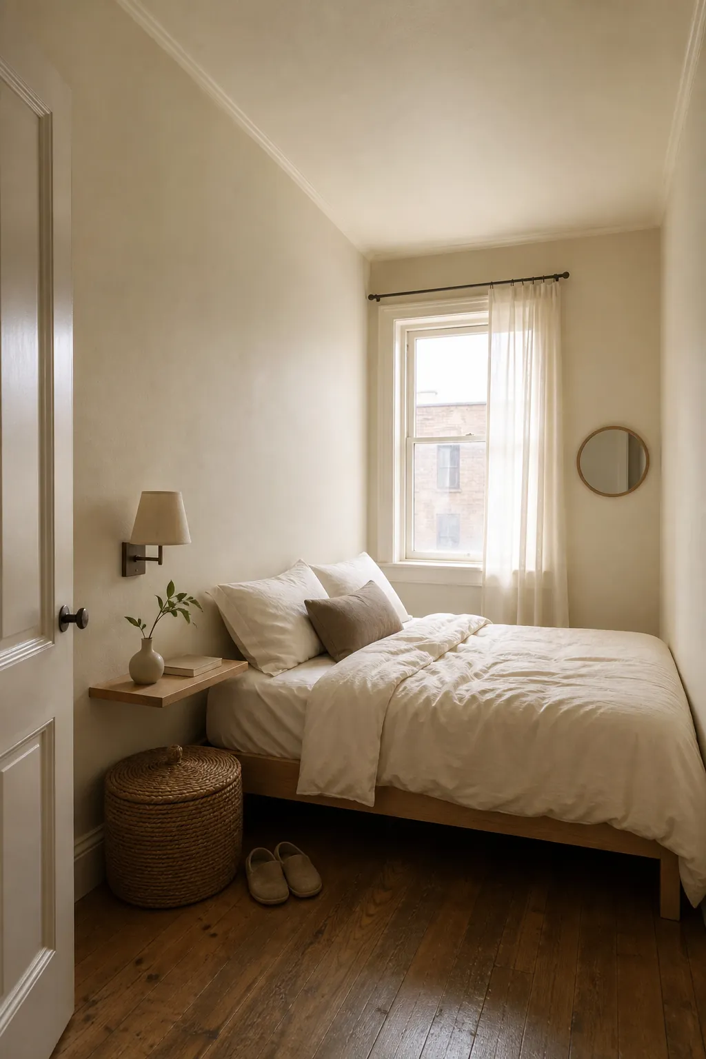 Small bedroom with warm cream walls reflecting soft window light