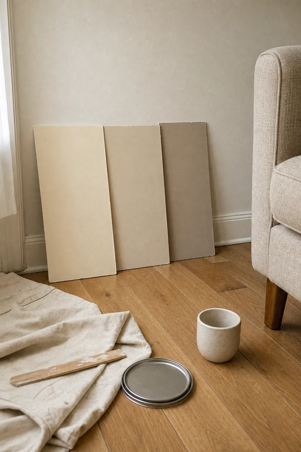 Cream beige and taupe paint samples compared with warm wood flooring in a small room