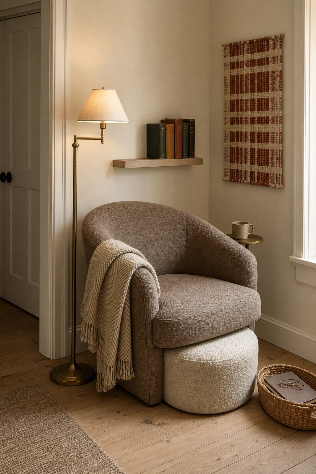 Taupe reading chair anchoring a cream and beige small room corner