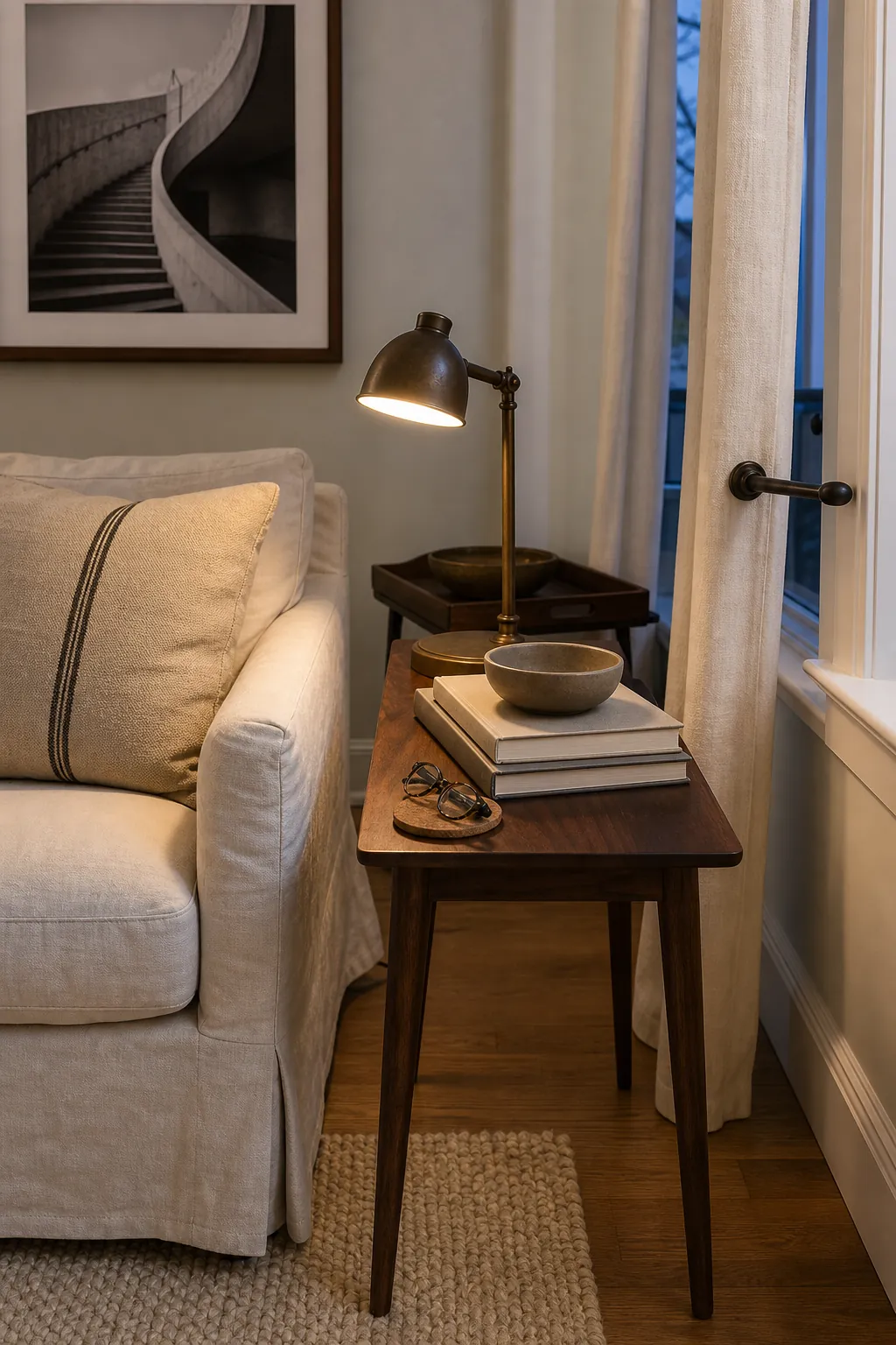 Walnut bronze and dark brown accents adding contrast to a warm neutral small room