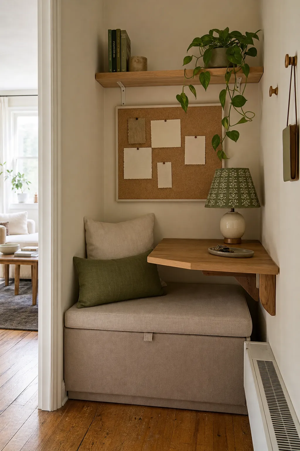 Muted olive accents adding personality to a cream beige and taupe small room