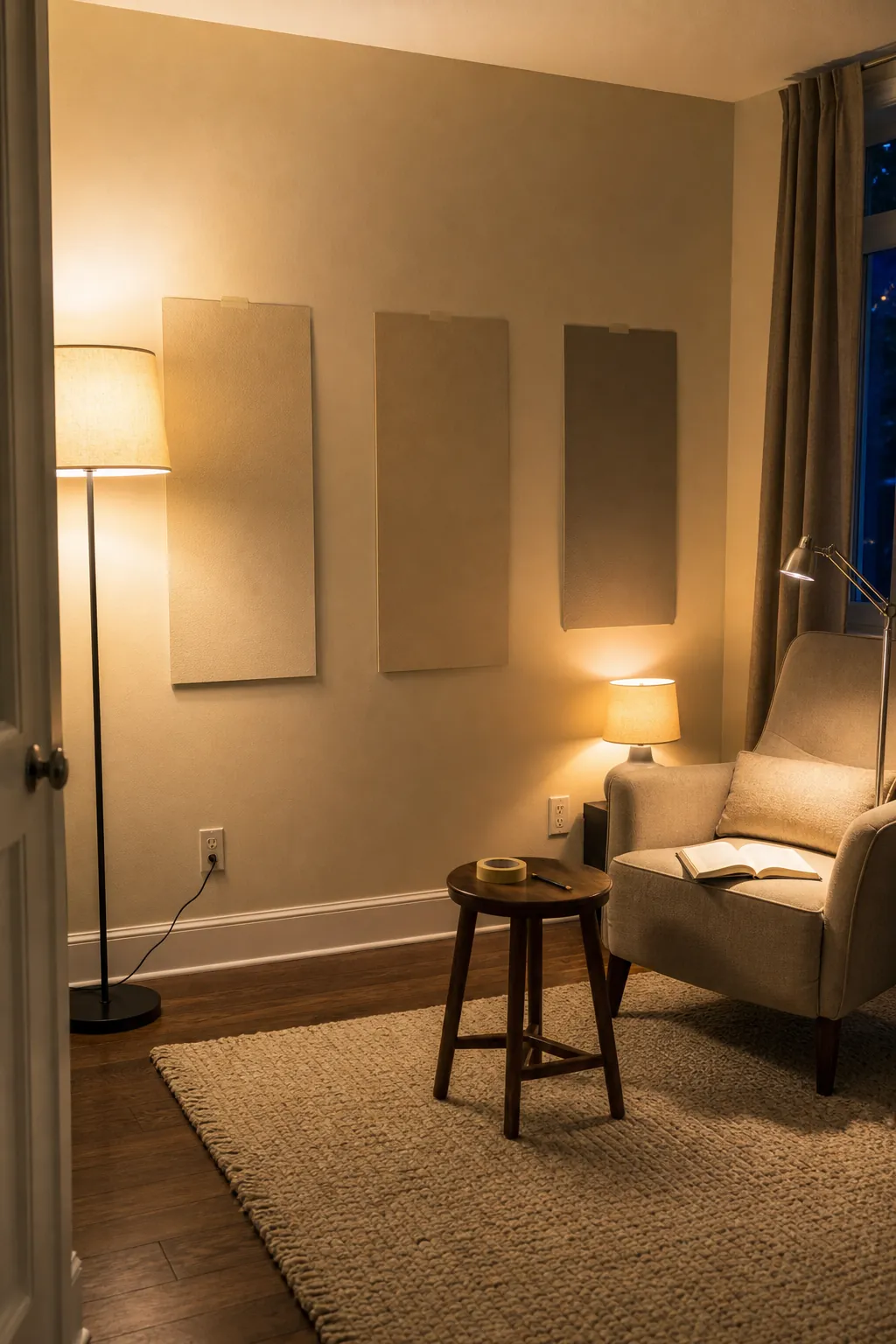 Cream beige and taupe wall samples tested beside warm lamps in the evening