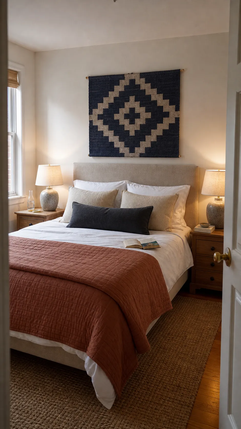 Bedroom with a clearly anchored bed wall and balanced bedside lighting