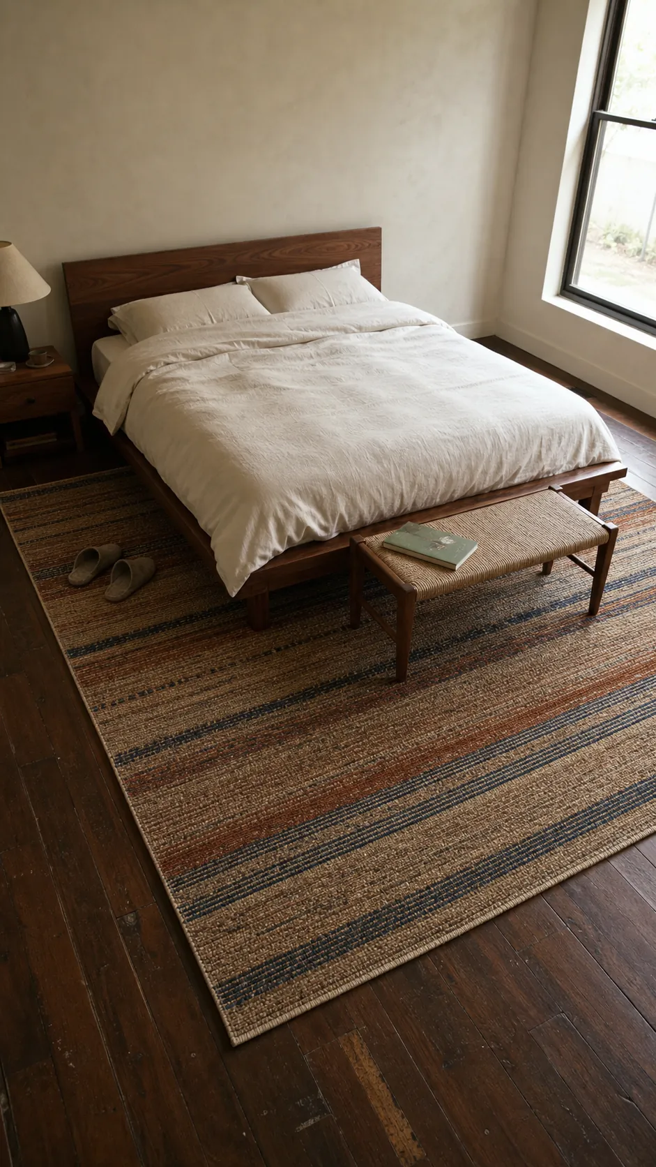 Correct bedroom rug placement extending beside and beyond the bed