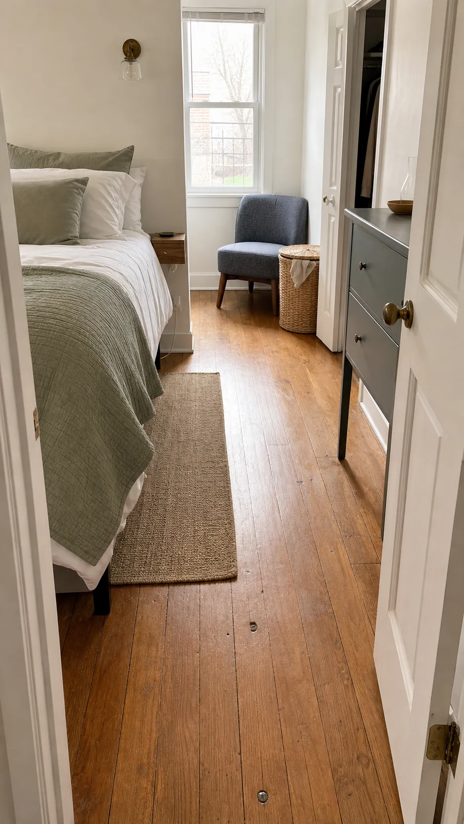 Small bedroom layout with a clear walking path around the bed