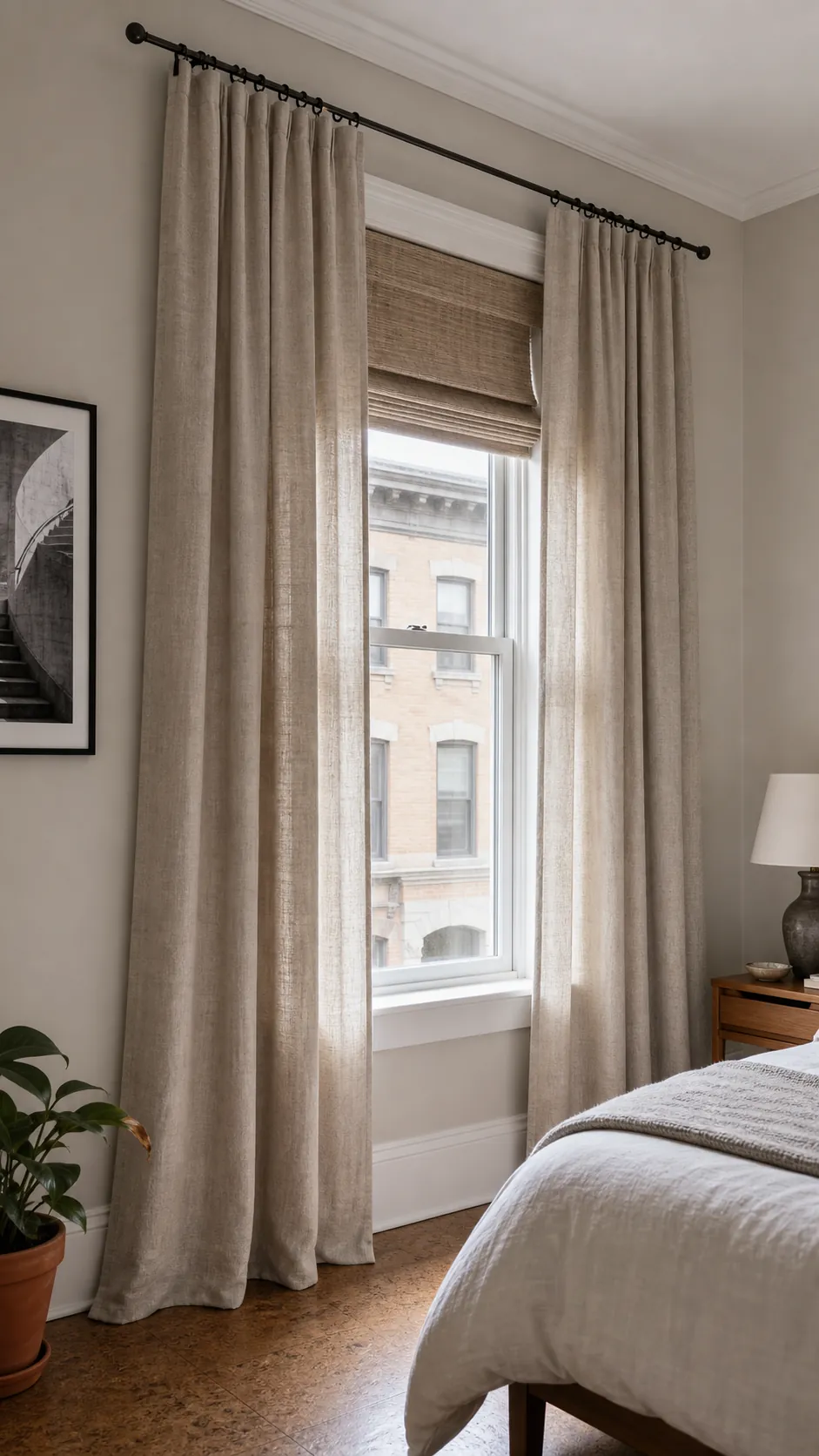 Bedroom window with high wide rod and full floor length curtains