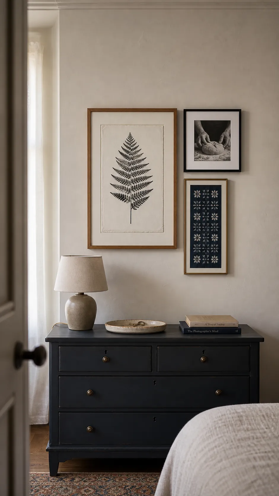 Bedroom wall with one intentional appropriately scaled art display